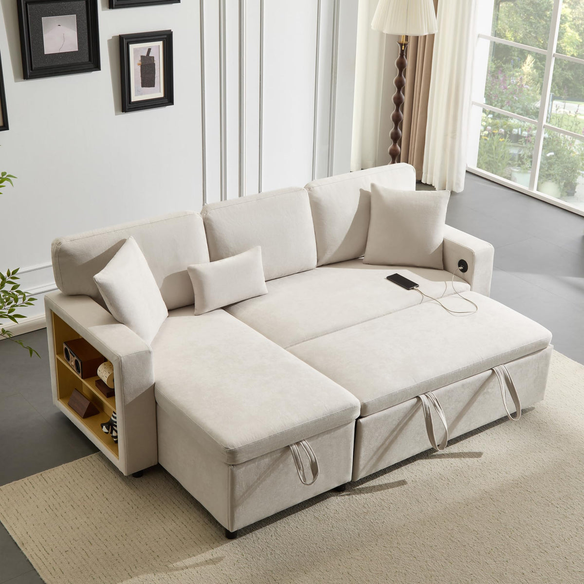 Sofá esquinero extensible en forma de L con puerto USB y portavasos, sofá cama de 4 plazas con función cama, sofá convertible con espacio de almacenamiento y reposabrazos, cojines, chenilla