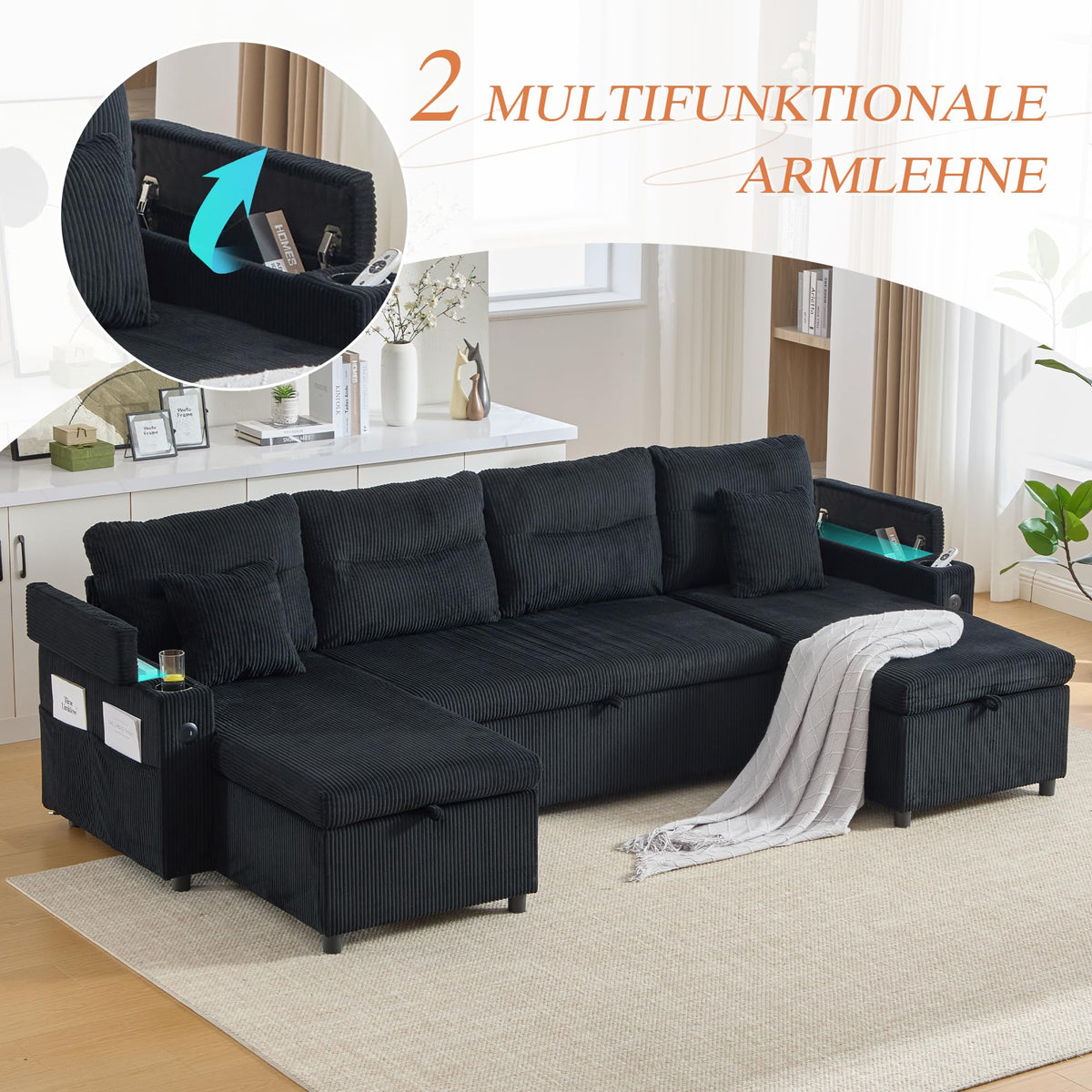 Dolamaní Sofá moderno de 4 plazas de tela de lino con espacio de almacenamiento y función de dormir, sofá cama con cajonera extensible en forma de L para casa y salón (beige B)