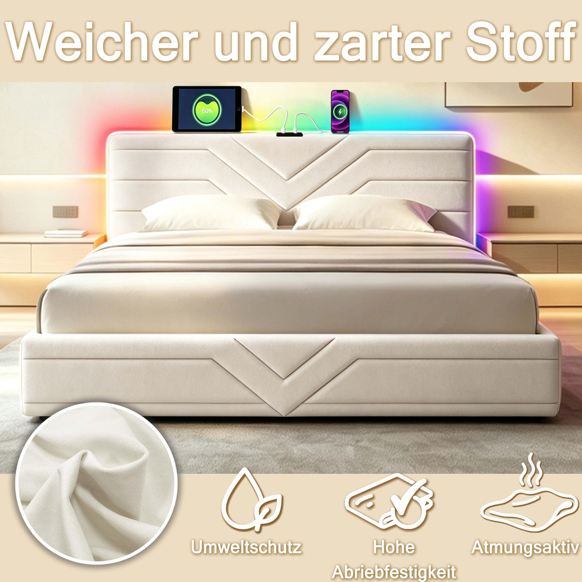 Armazón de Cama de Cuero 140x200cm con luz LED, Blanco