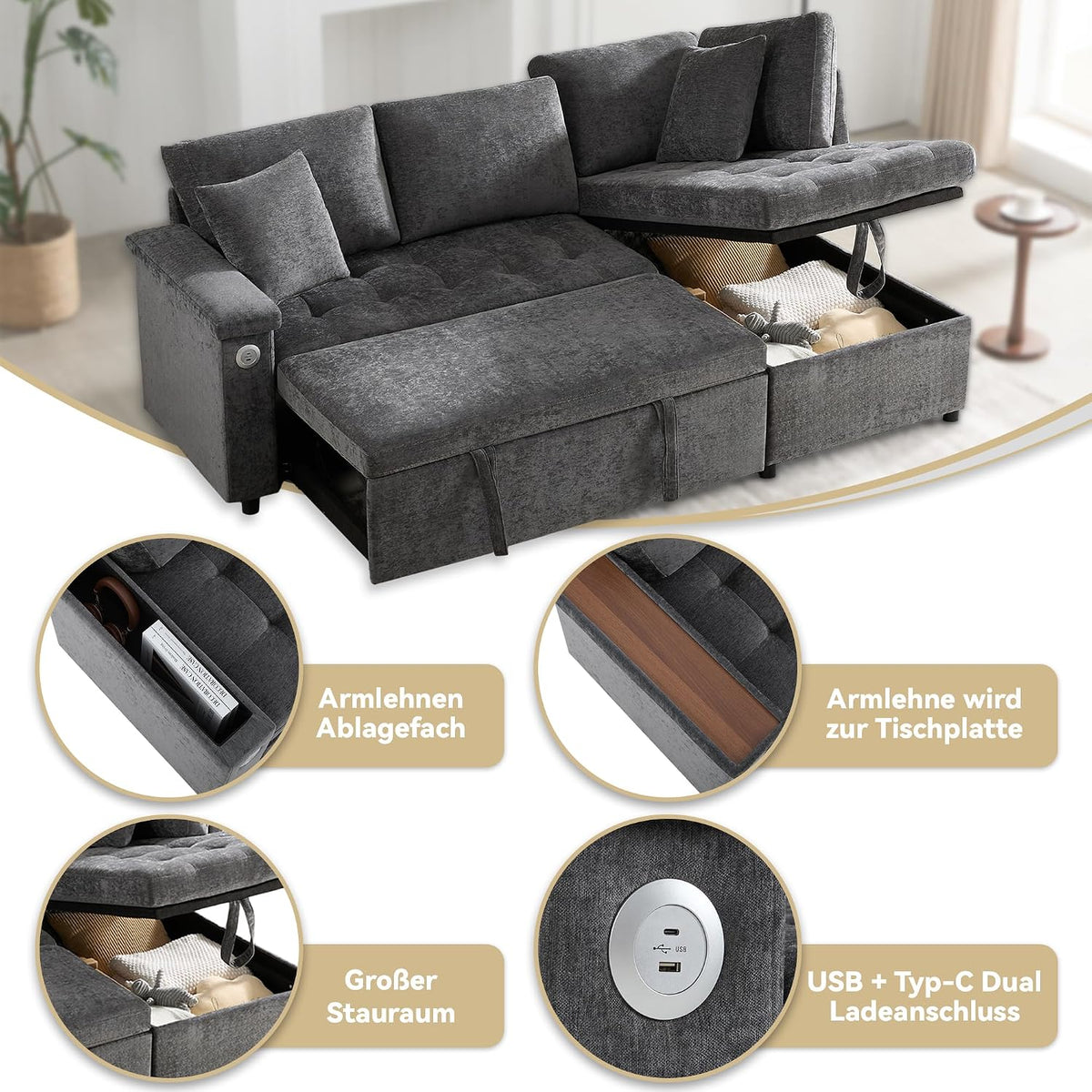 Lubvtti Sofá cama de 3 plazas moderno con función de cama, con espacio de almacenamiento, cargador USB, reposabrazos portaobjetos y 2 cojines, sofá de esquina en L, sofá de 3 plazas, chenilla (C-gris)