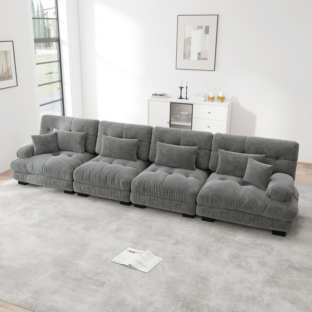 Sofá seccional Cloud en forma de L de 4 plazas con otomana móvil, ciniglia paisaje residencial con asiento profundo y reposabrazos anchos, gran sofá de sala para apartamento