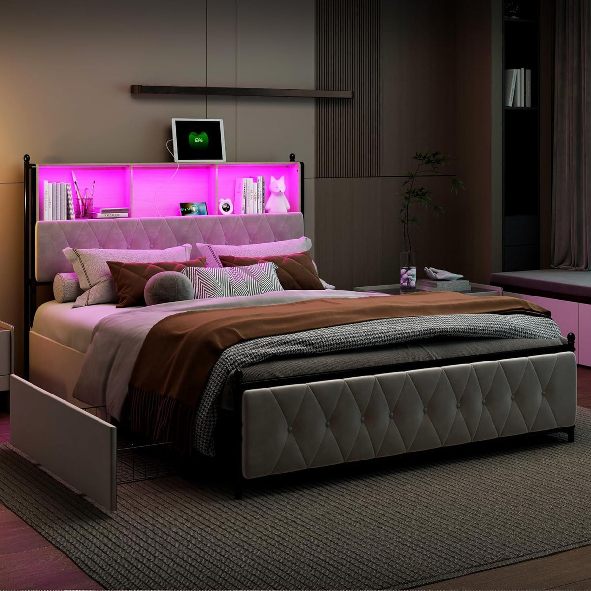 BRILVERDE Cama Tapizada 160x200 con Almacenamiento, Cama matrimonial con cajones, Cama Nido con LED, Cabecero Acolchado y Base de Láminas, Terciopelo (Beige, 160 x 200 cm)