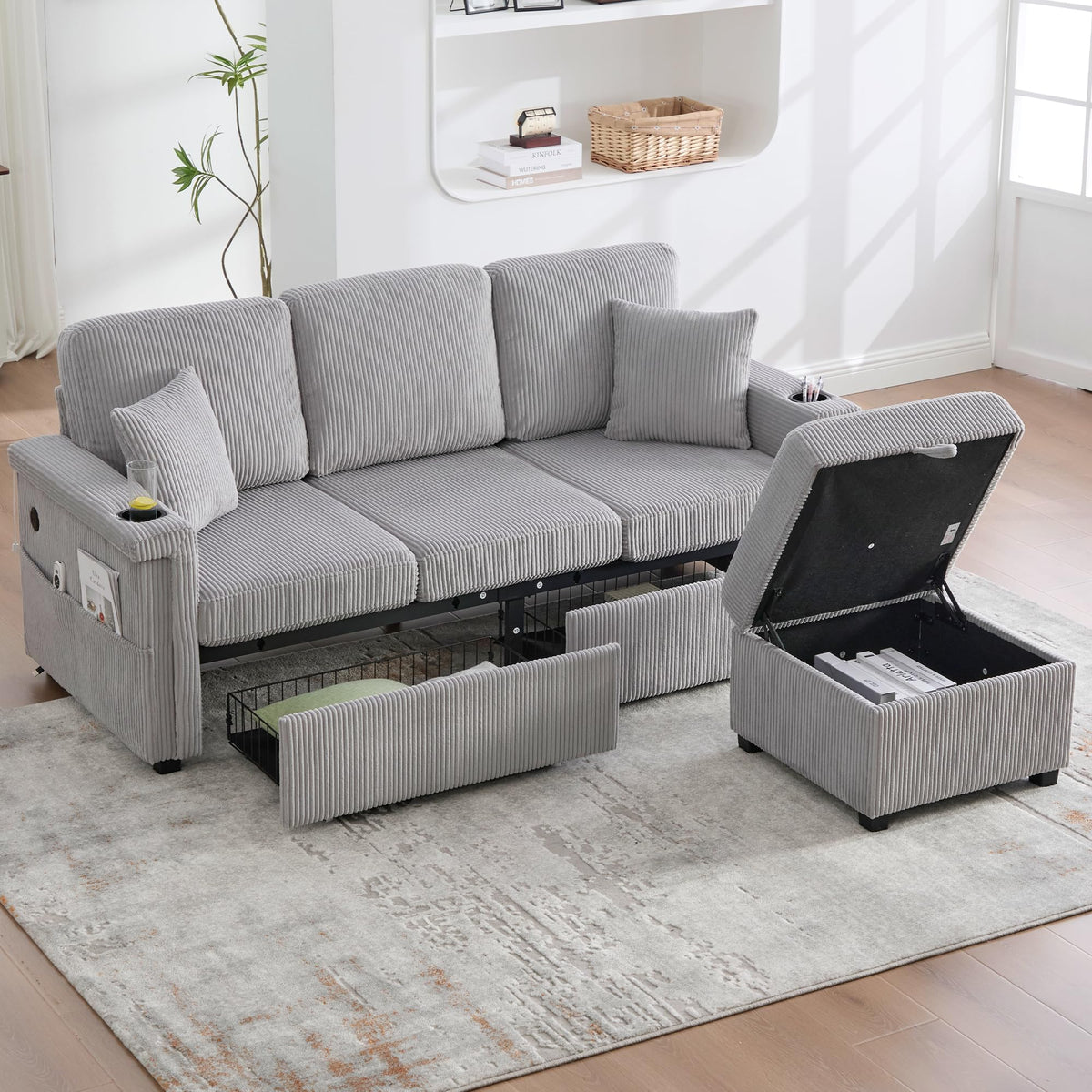 Dolamaní Sofá de terciopelo de 3 plazas con 2 cajones, soporte para bebidas, bolsillos laterales y reposapiés para sala de estar, dormitorio y oficina (beige)