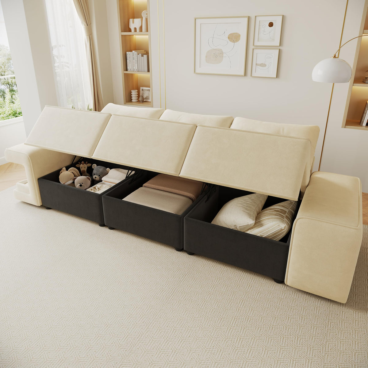 Sofá modular de 6 plazas, sofá esquinero en forma de L/U, puertos USB/tipo C, portavasos y espacio de almacenamiento, tela de chenilla, 7 cojines, salón, dormitorio y oficina, color beige