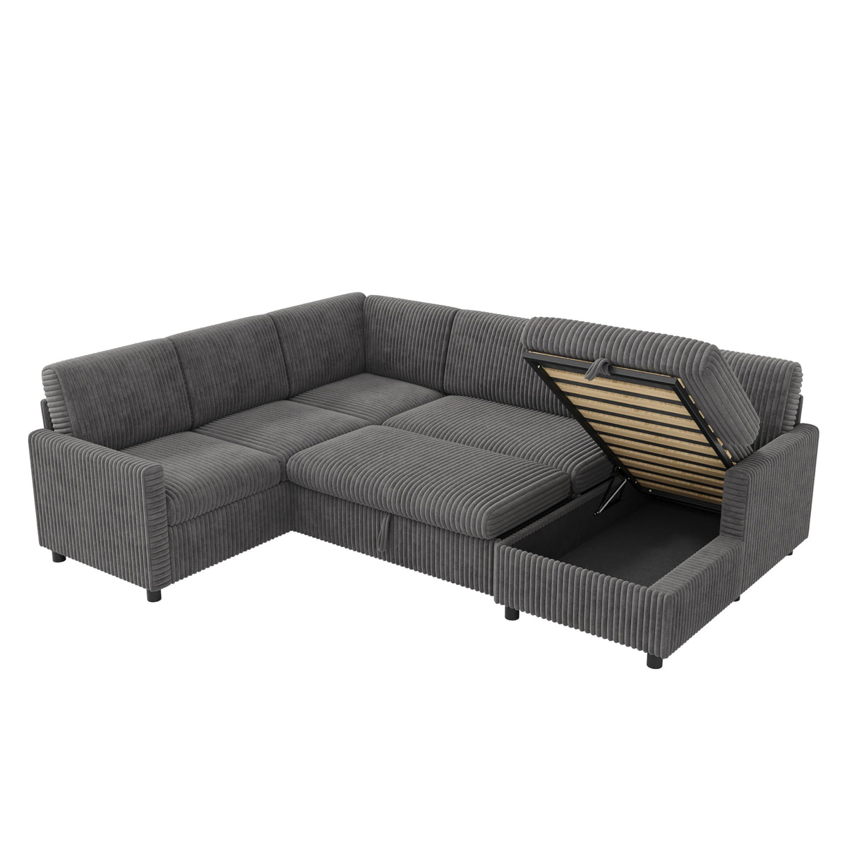 LAKFEW Sofa Cama con Cama Extensible y Taburete Almacenaje, Sofa Rinconera con USB, Lámpara de Lectura, Mesa Plegable con 2 Posavasos, 205x205x85 cm, Gris
