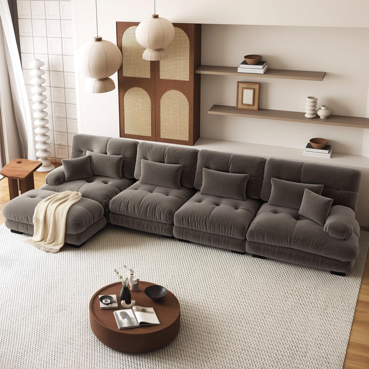 SoarFlash Sofá U Modular de 4 plazas para salón Moderno, sofá Nube de Tela Chenille con reposabrazos, Color Amarillo, 145×406 cm