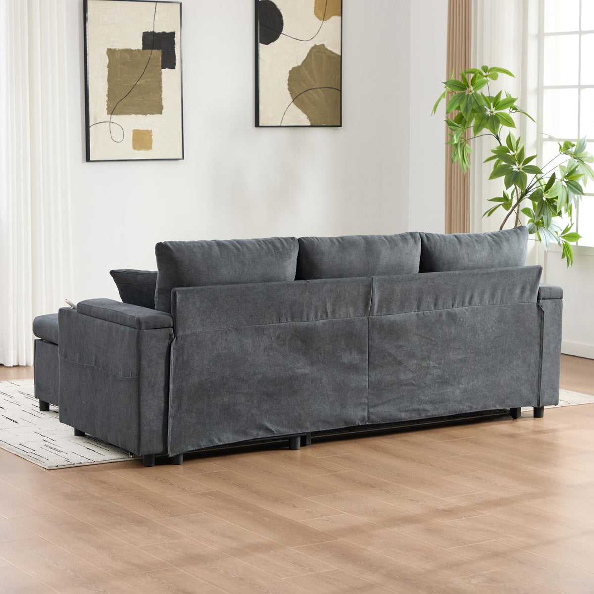 Dolamaní Sofá moderno de 4 plazas de tela de lino con espacio de almacenamiento y función de dormir, sofá cama con cajonera extensible en forma de L para casa y salón (beige B)