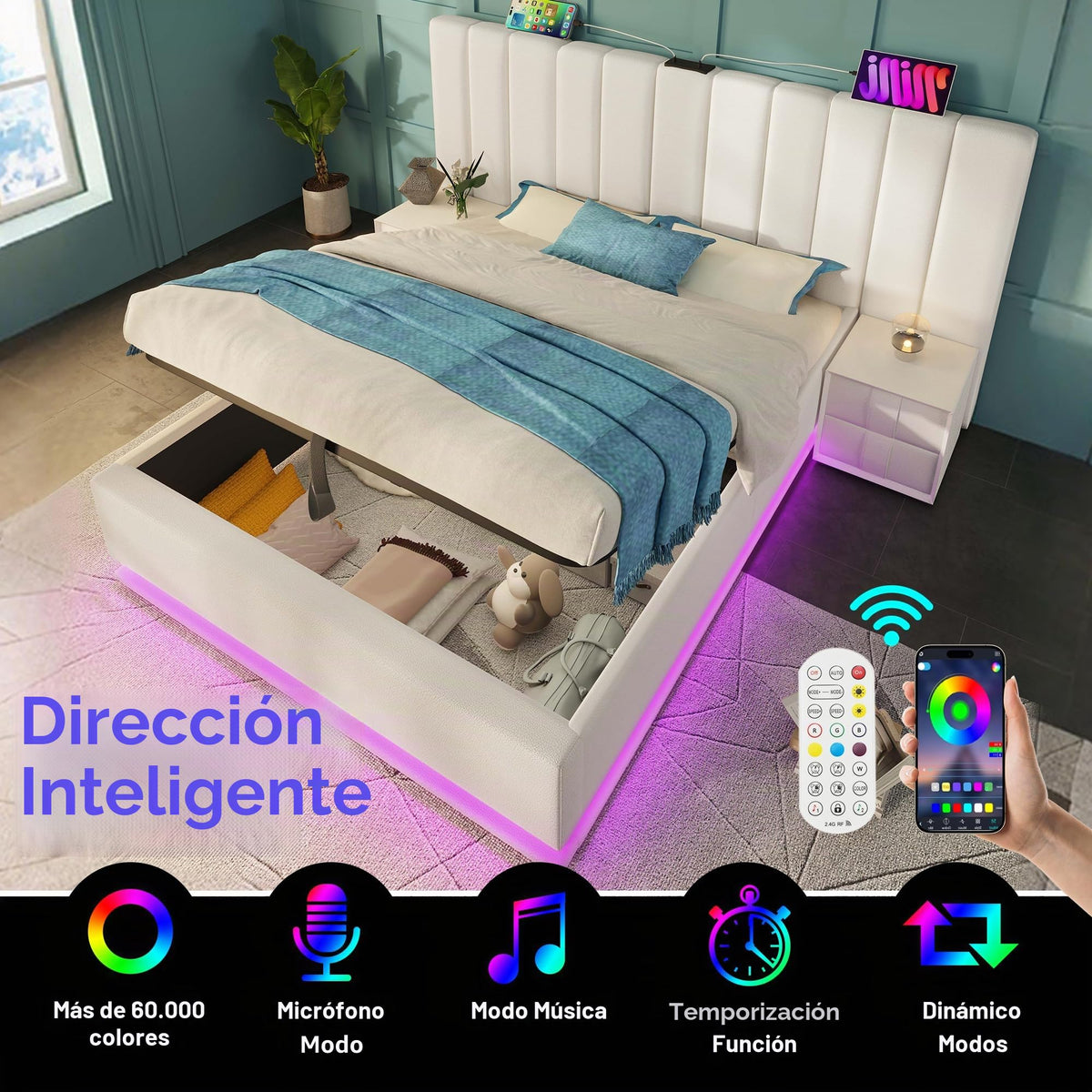 Cama tapizada 180×200cm, Cama Doble con canapé con LED y función de Carga USB-C, PU, sin colchón ni mesita de Noche (Blanco, 180 x 200 cm)