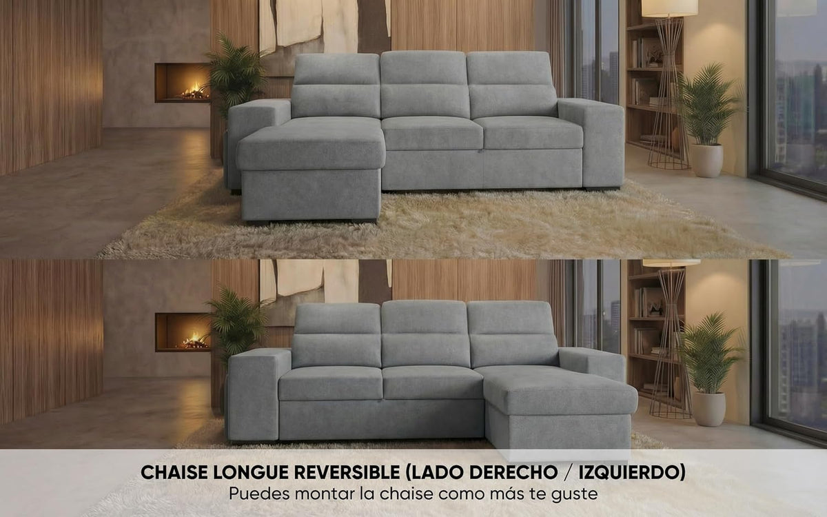 BUDWING John Sofá Cama Esquinero 4 Plazas - Chaise Longue Reversible, Reposacabezas Ajustable y 2 Pufs – Tapizado en Poliéster – Estilo Moderno – 263x161x96 cm – Gris Claro