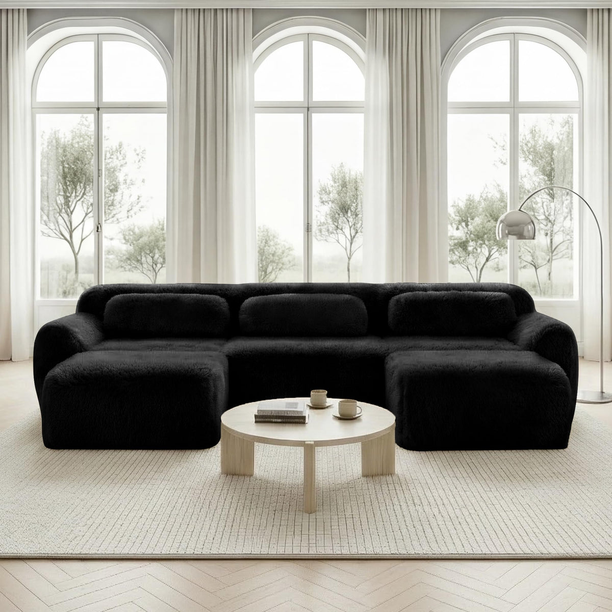 Sofá modular en forma de U, tela de felpa, sin montaje, base antideslizante, con cojín, soporte ergonómico, espuma de alta elasticidad, adecuado para sala de estar, dormitorio (caqui claro)