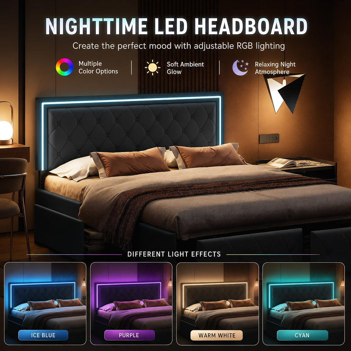 BRILVERDE Cama Tapizada 160x200 con Almacenamiento, Cama matrimonial con cajones, Cama Nido con LED, Cabecero Acolchado y Base de Láminas, Terciopelo (Beige, 160 x 200 cm)