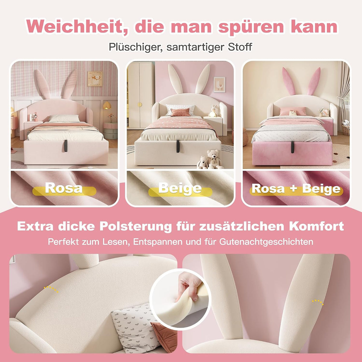 Kebnor Cama tapizada de terciopelo, orejas de conejo, cabecero con espacio de almacenamiento y mesita de noche, cama juvenil de diseño (sin colchón) (beis, 90 x 190 cm)