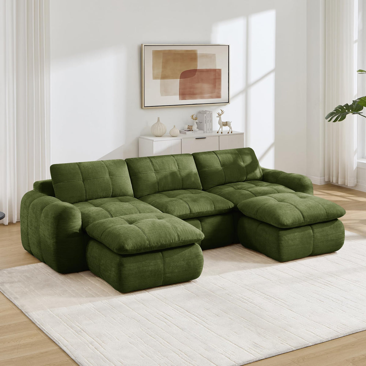 Sofá de 3 plazas con 1 taburete chenilla beige
