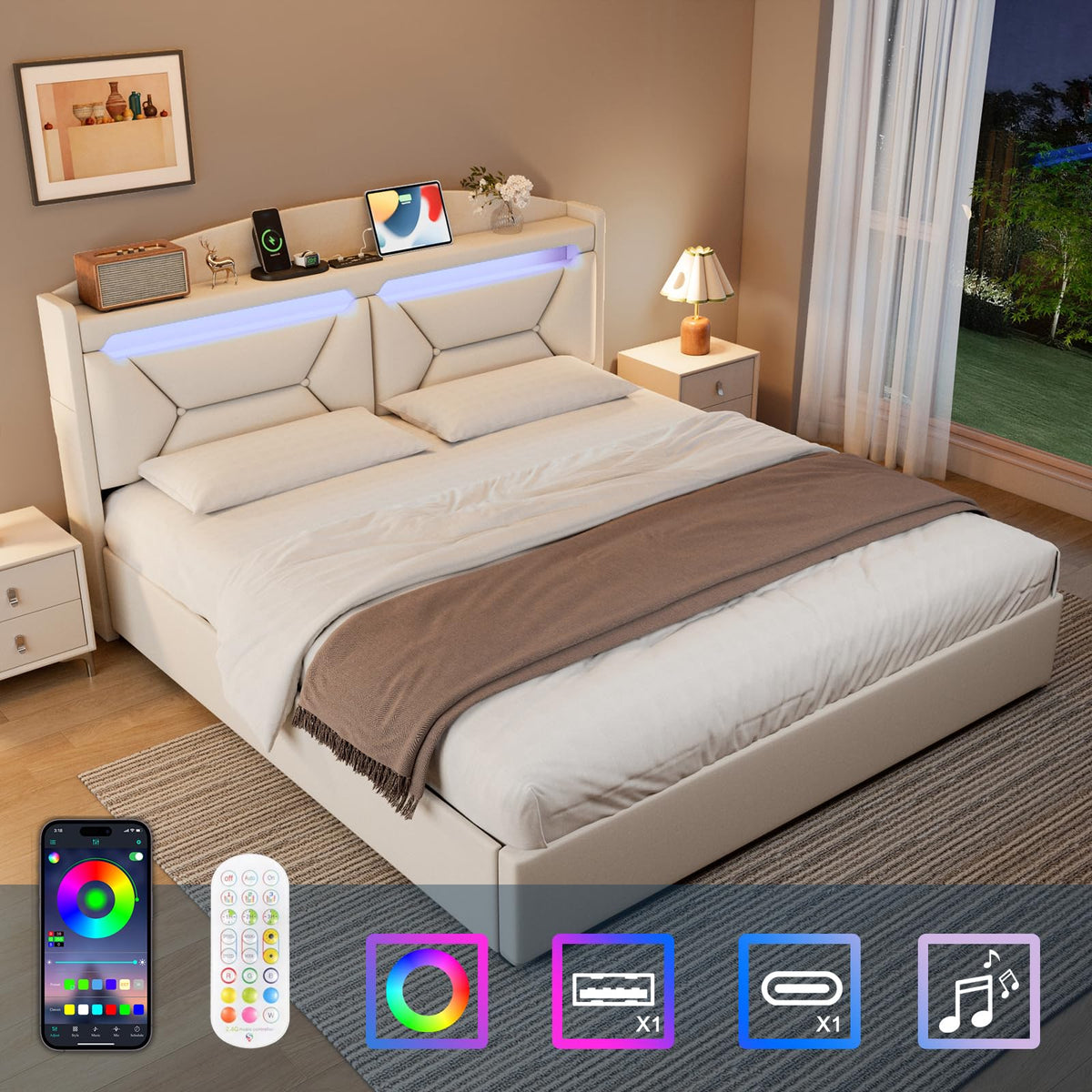 Cama 90x200 cm con Almacenamiento, Cama Individual con LED, Puertos USB y Type-C, Somier 90x200 Hidráulico, Camas Juveniles Camas Infantiles con Cabecero, Lino, Beige, Colchón No Incluido