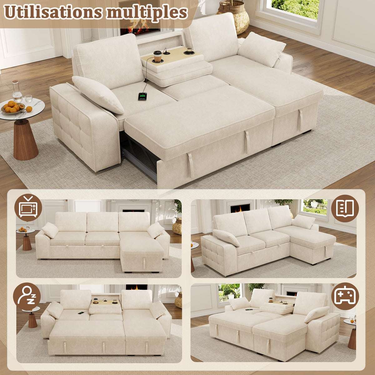 Sofá modular de 3 plazas con función cama extensible y USB/Type-C, sofá esquinero en forma de L con reposacabezas semifijos y compartimento de almacenamiento, sofás con chaise longue