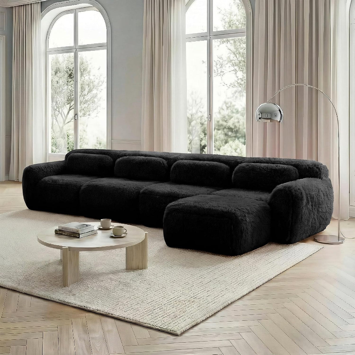 Sofá modular combinable en forma de L de 4 plazas, tejido de felpa con cojines, espuma de alta elasticidad, diseño chaise longue para salón o dormitorio (negro)