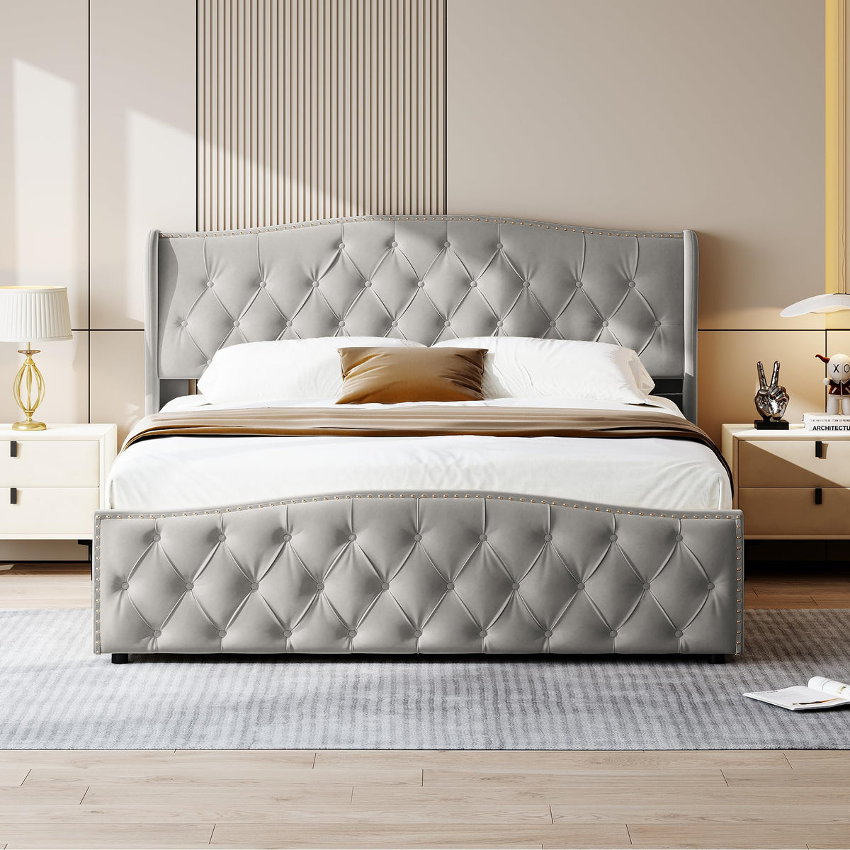 BRILVERDE Cama Tapizada 160x200 con Almacenamiento hidráulico, Cama matrimonial con lámpara de mesita, Cabecero Acolchado y Base de Láminas, Terciopelo (Beige, 160 x 200 cm)