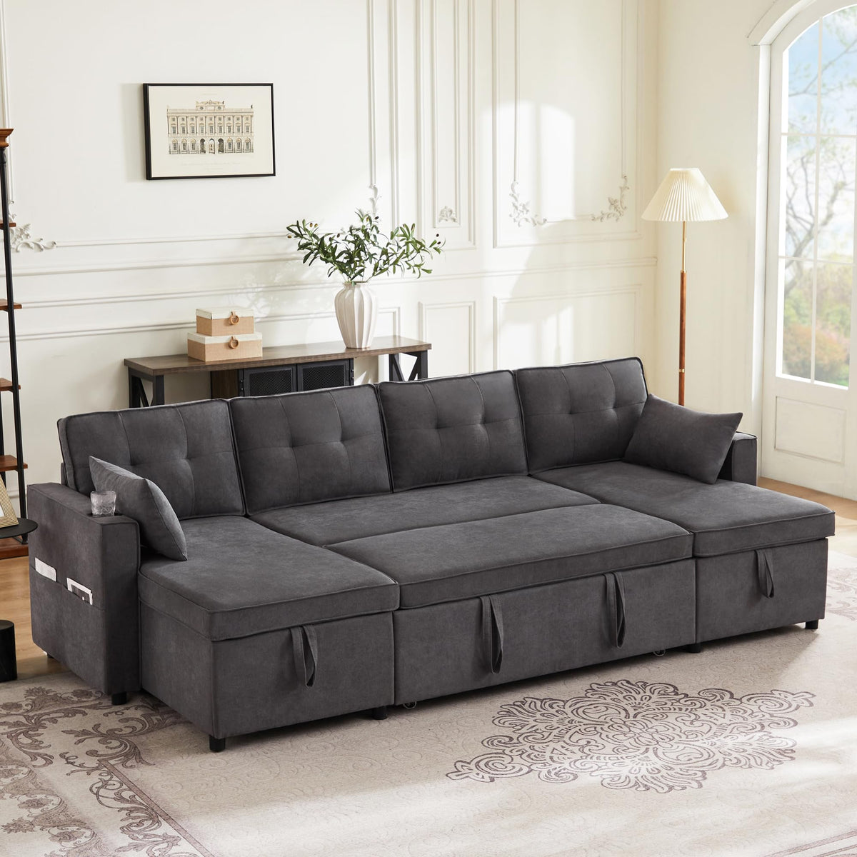 Sapgaks Sofá Seccional en U Moderno,Sofá 4 plazas,Mueble Acolchado de diseño Moderno,Tela de Chenilla (Beige)
