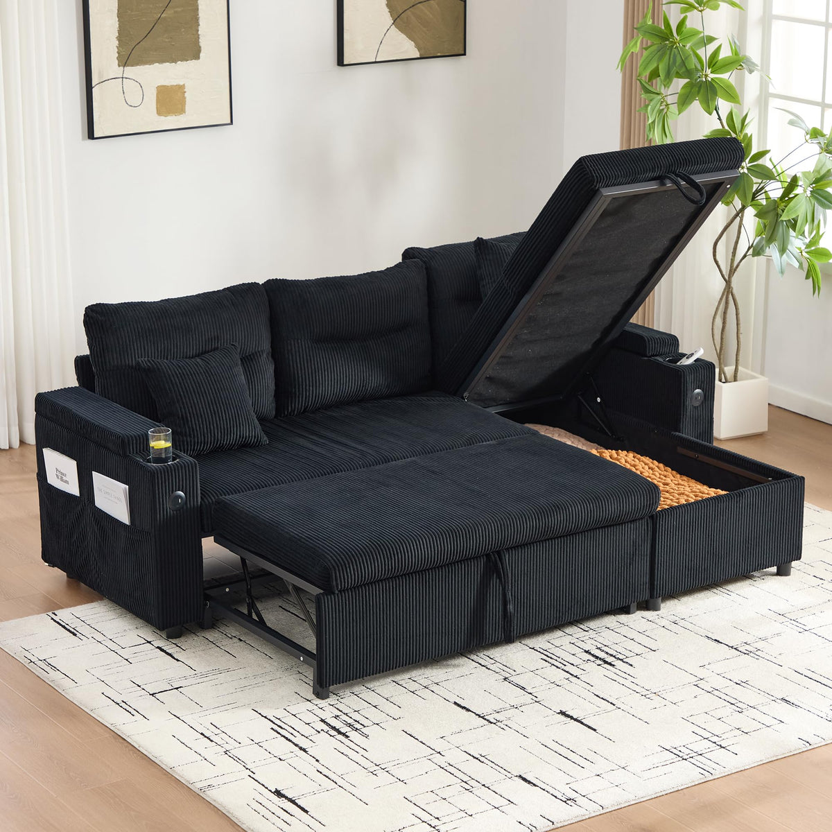 Dolamaní Sofá moderno de 4 plazas de tela de lino con espacio de almacenamiento y función de dormir, sofá cama con cajonera extensible en forma de L para casa y salón (beige B)