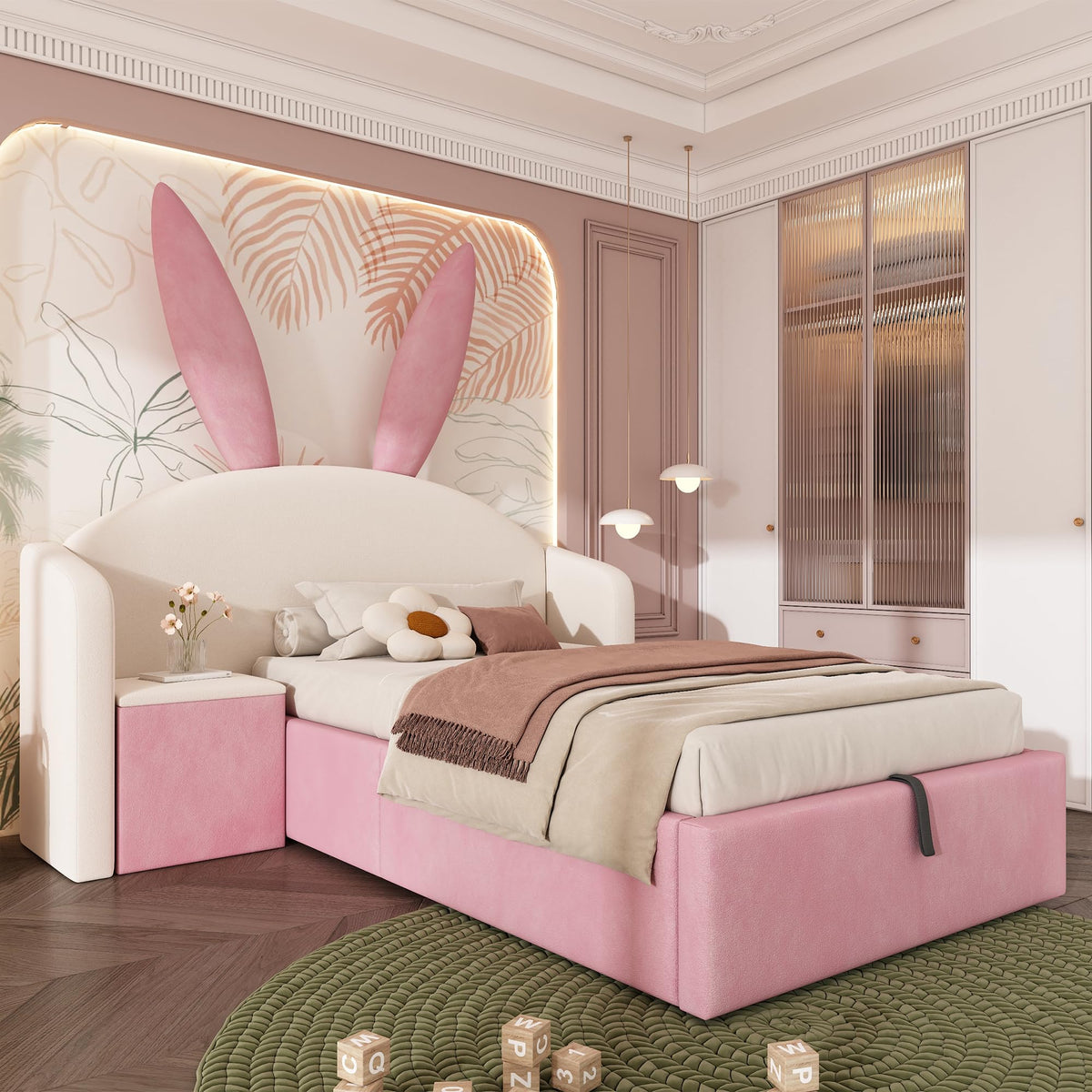 Kebnor Cama tapizada de terciopelo, orejas de conejo, cabecero con espacio de almacenamiento y mesita de noche, cama juvenil de diseño (sin colchón) (beis, 90 x 190 cm)