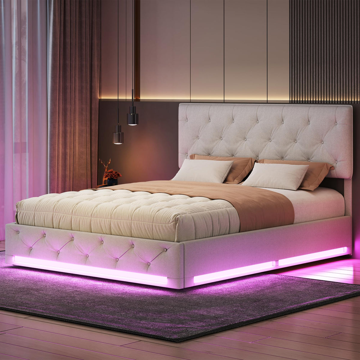 BRILVERDE Cama Tapizada 160x200 con Almacenamiento hidráulico, Cama matrimonial con lámpara de mesita, Cabecero Acolchado y Base de Láminas, Terciopelo (Beige, 160 x 200 cm)