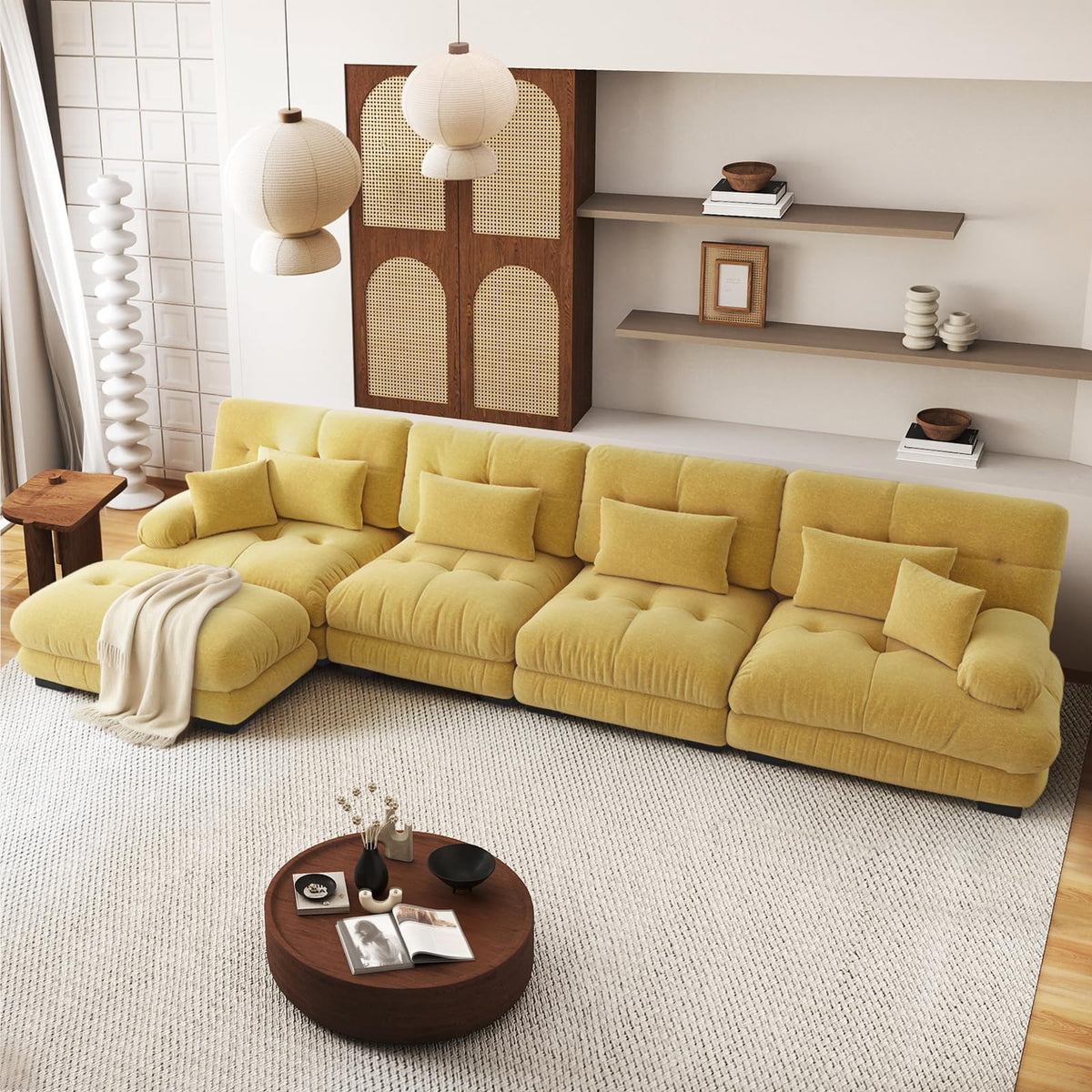 SoarFlash Sofá U Modular de 4 plazas para salón Moderno, sofá Nube de Tela Chenille con reposabrazos, Color Amarillo, 145×406 cm