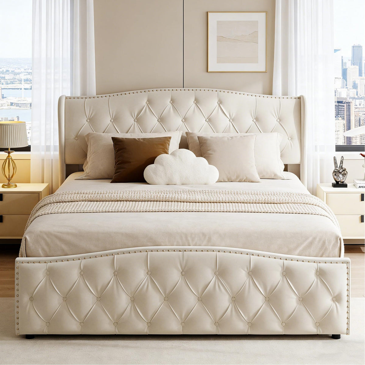 BRILVERDE Cama Tapizada 160x200 con Almacenamiento hidráulico, Cama matrimonial con lámpara de mesita, Cabecero Acolchado y Base de Láminas, Terciopelo (Beige, 160 x 200 cm)