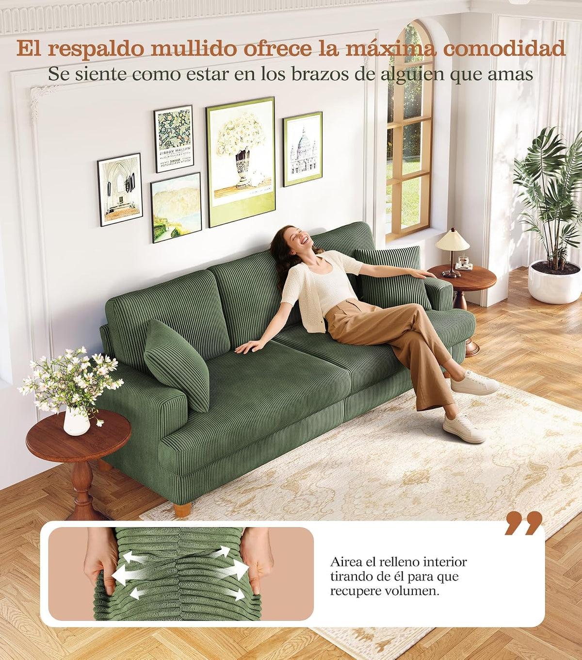 Kidirect Sofá de Pana de 3 plazas, 221 cm cómodo sofá de 53 cm Asientos Extra Profundos, sofá de salón Montaje sin Herramientas sofá Grande con 2 Cojines, sofá Moderno para Oficina,Verde Bosque