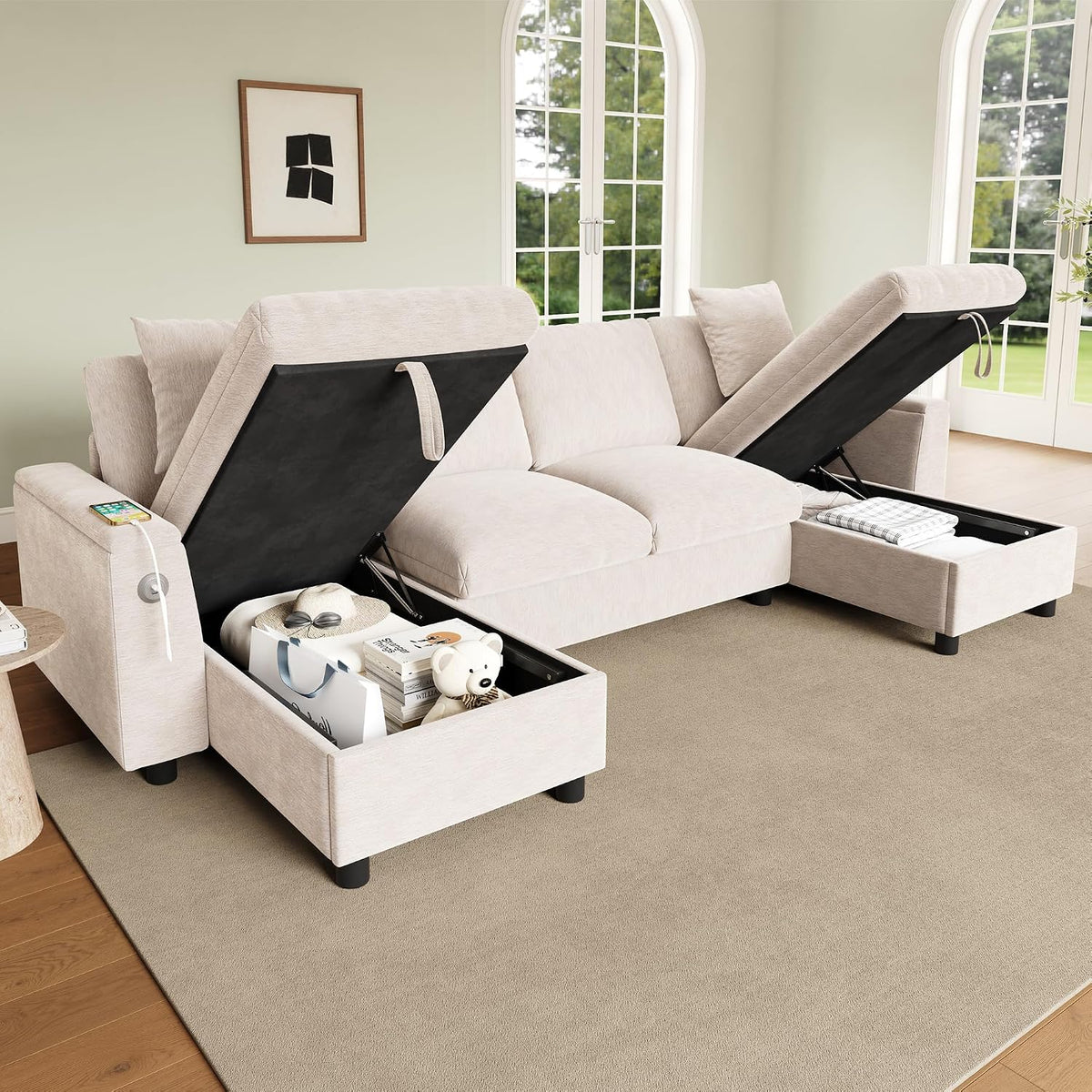 Sofá moderno de chenilla en forma de U con chaise longue, sofá esquinero de 4 plazas con espacio de almacenamiento, puerto USB y tipo C, modular, con soporte para bebidas y cojines suaves