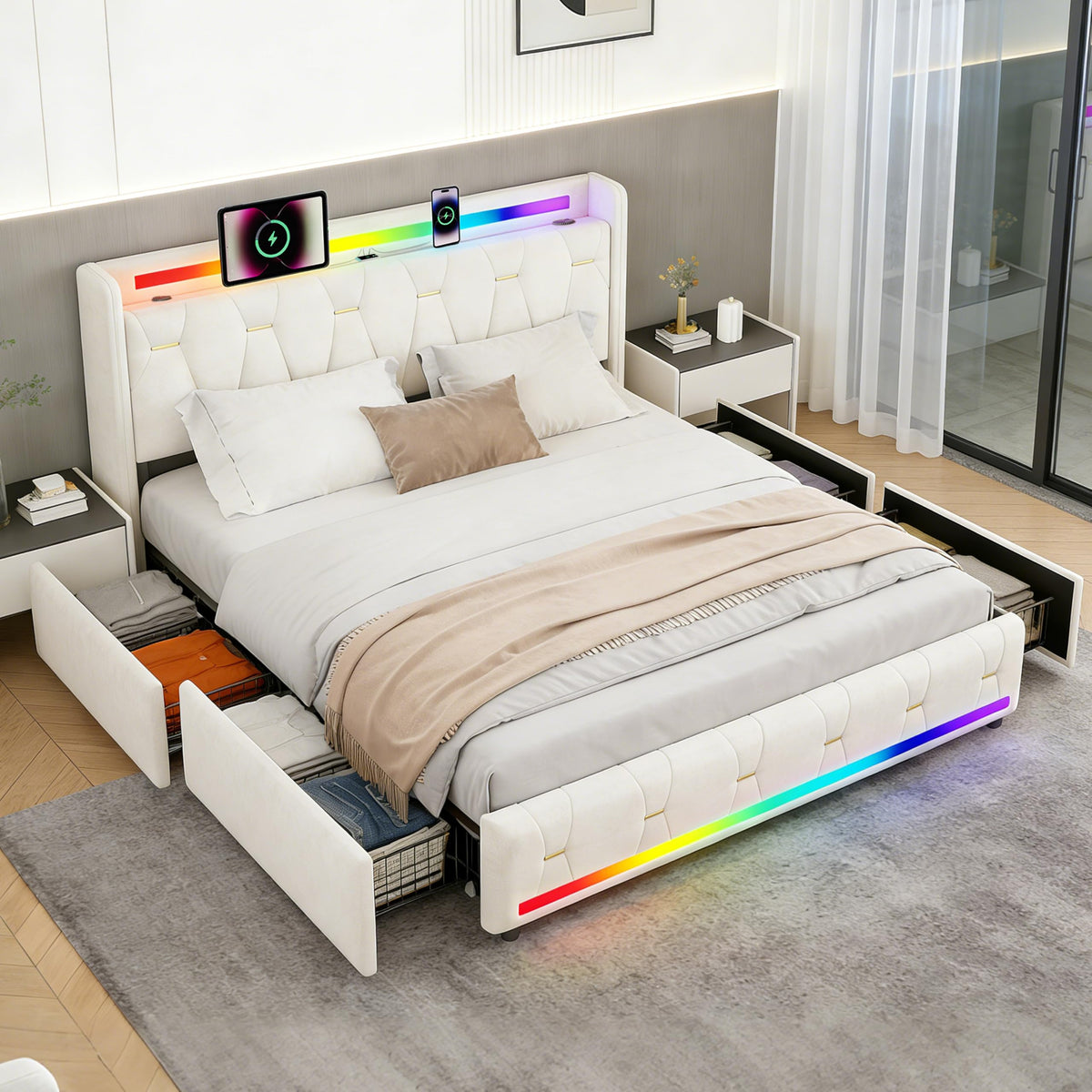 Estructura de Cama 140x200 cm con iluminación LED, Lino, Gris