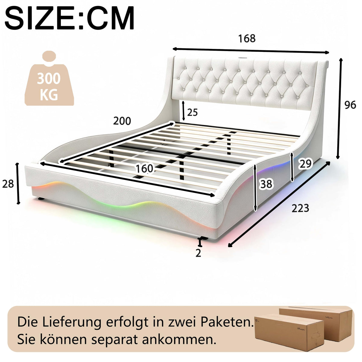 Armazón de Cama de Cuero 140x200cm con luz LED, Blanco