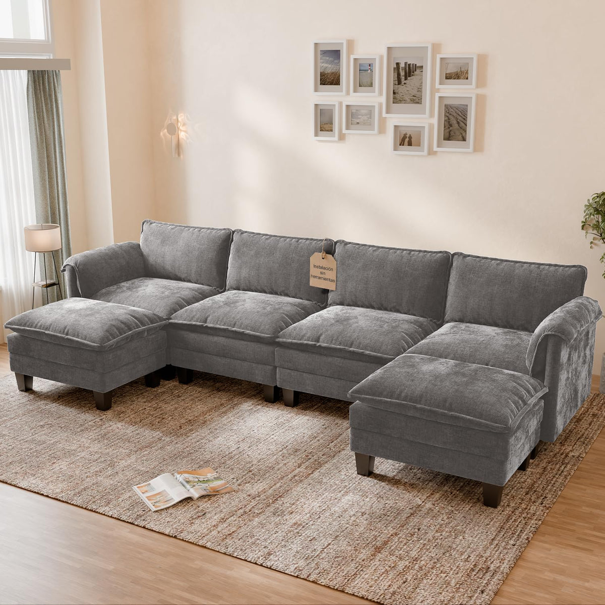 ELUCHANG Sofá Nube Modular 256cm, Sofá de 3 Plazas con Asiento Profundo 62cm, Montaje sin Herramientas, Sofá Moderno de Chenilla para Salón y Habitación, Gris Perla
