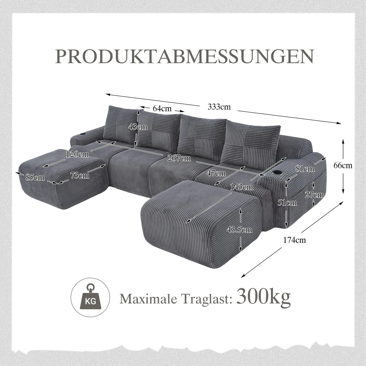 Sofá modular de 200 cm, sofá de 2 plazas con portabebidas y bolsillo de almacenamiento lateral, sofá comprimido de pana, sofá seccional para sala de estar y dormitorio