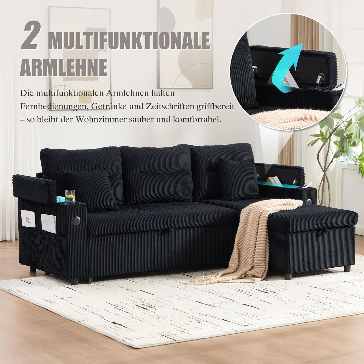 Dolamaní Sofá moderno de 4 plazas de tela de lino con espacio de almacenamiento y función de dormir, sofá cama con cajonera extensible en forma de L para casa y salón (beige B)