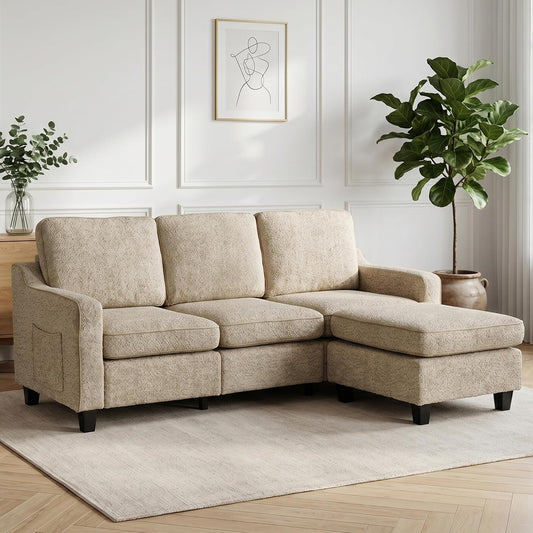 Sofá de 3 plazas con taburete, sofá flexible en forma de L como sofá esquinero, funda de tela suave con acolchado de espuma de alta densidad, sofá de salón para sala de estar, dormitorio, oficina y