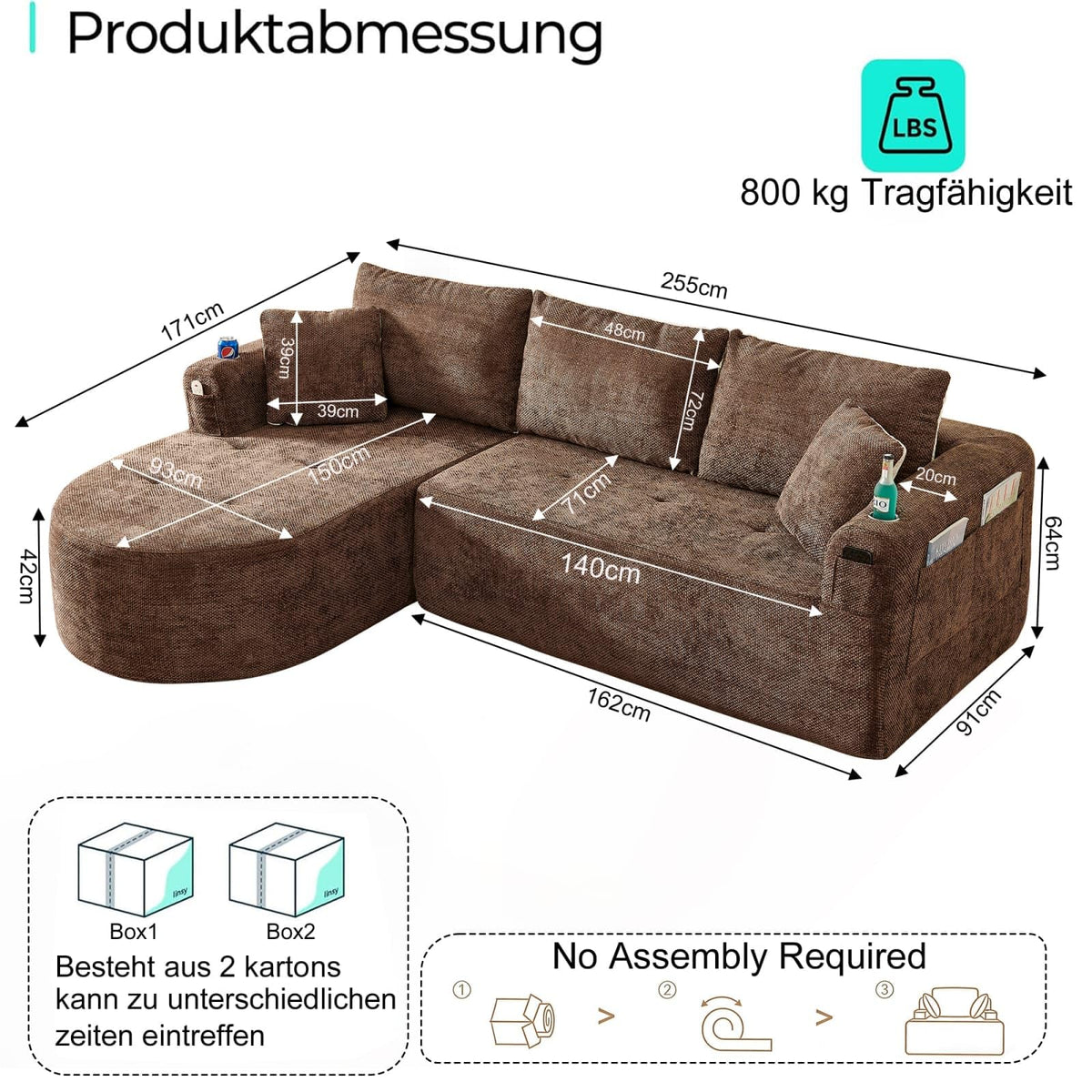 KOMHTOM Sofá Chaise Longue en L con Cojines (Negro)