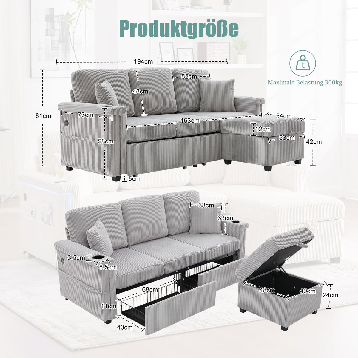 Dolamaní Sofá de terciopelo de 3 plazas con 2 cajones, soporte para bebidas, bolsillos laterales y reposapiés para sala de estar, dormitorio y oficina (beige)