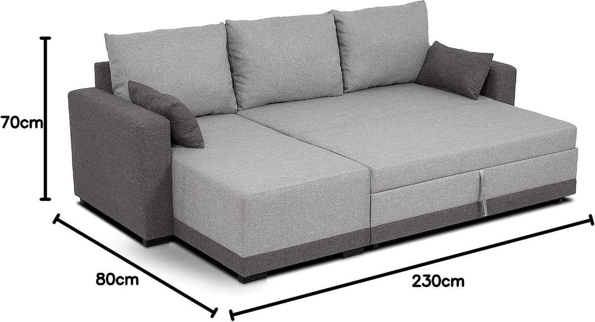 BUDWING Leah Sofá Cama Esquinero 3 Plazas - Chaise Longue Reversible y 2 Cojines Decorativos – Tapizado en Poliéster – Estilo Moderno – 233x124x69 cm – Gris Bicolor