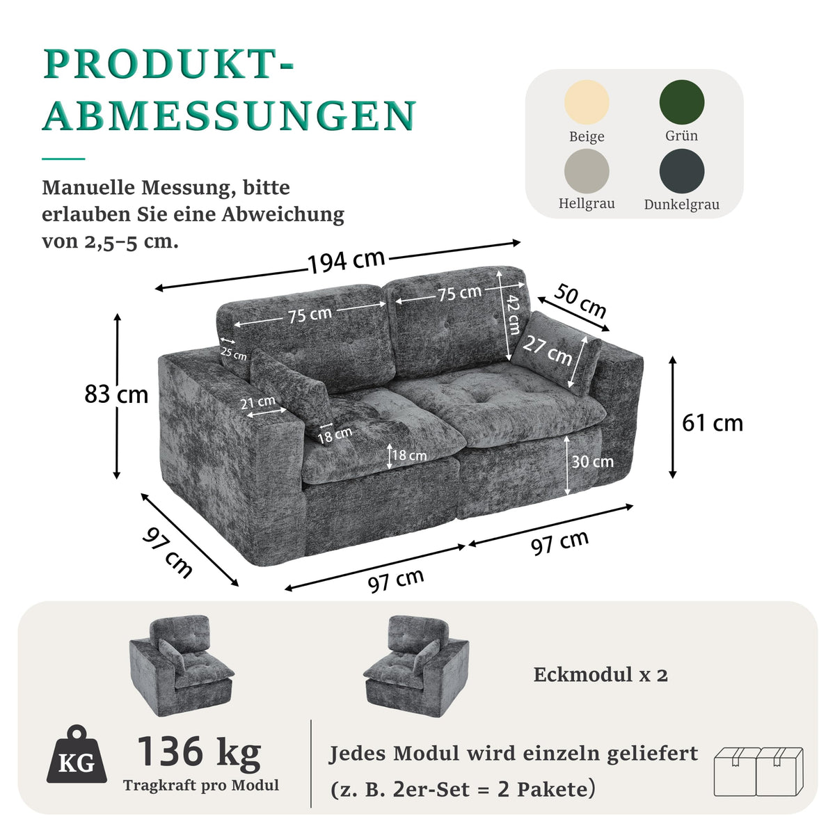 Sofá modular de 3 plazas con función de dormir, asiento extra profundo, felpilla para el hogar, sofá sin marco, sofá cama flexible para salón, verde