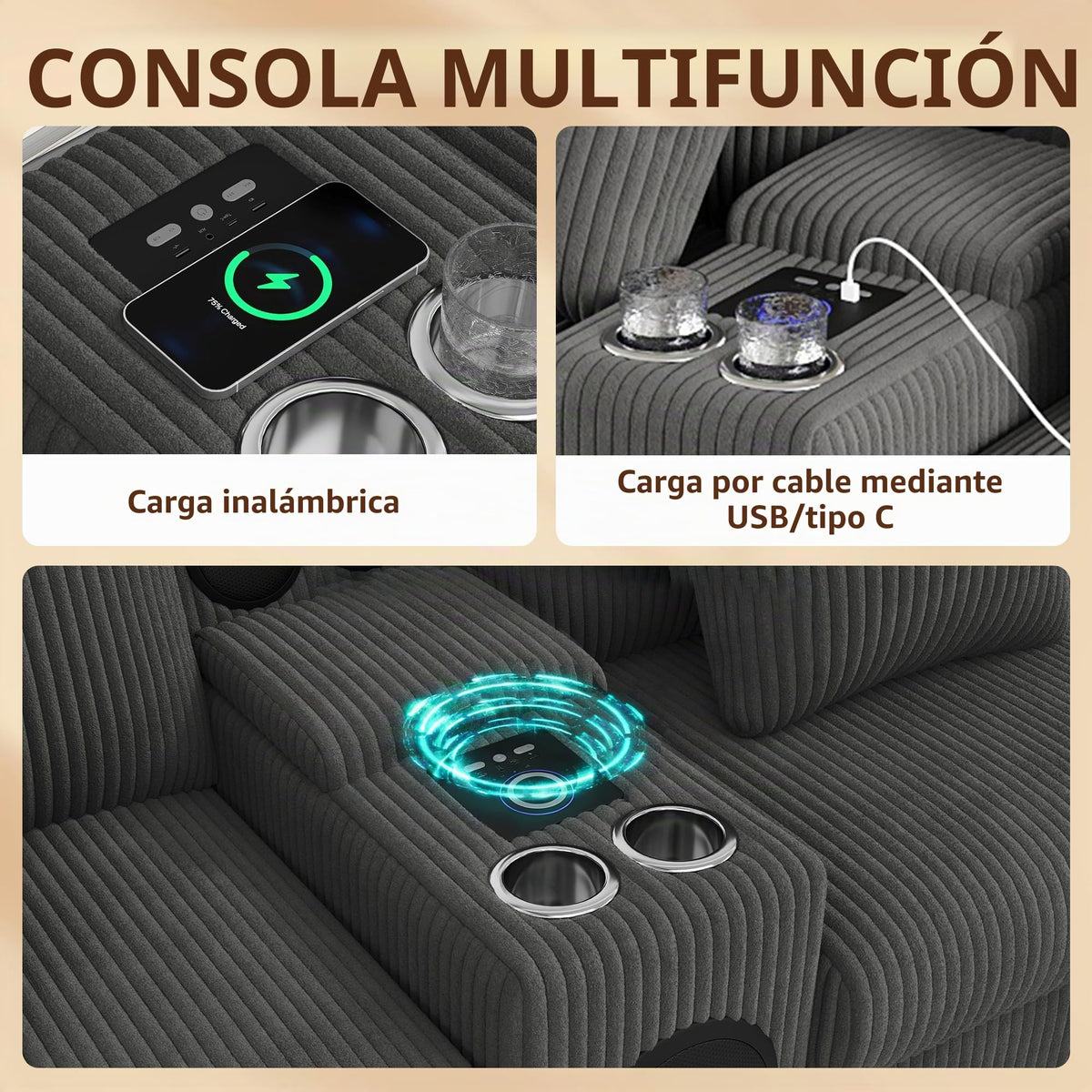 Sofá modular de 6 plazas, sofá esquinero en forma de L/U, puertos USB/tipo C, portavasos y espacio de almacenamiento, tela de chenilla, 7 cojines, salón, dormitorio y oficina, color beige