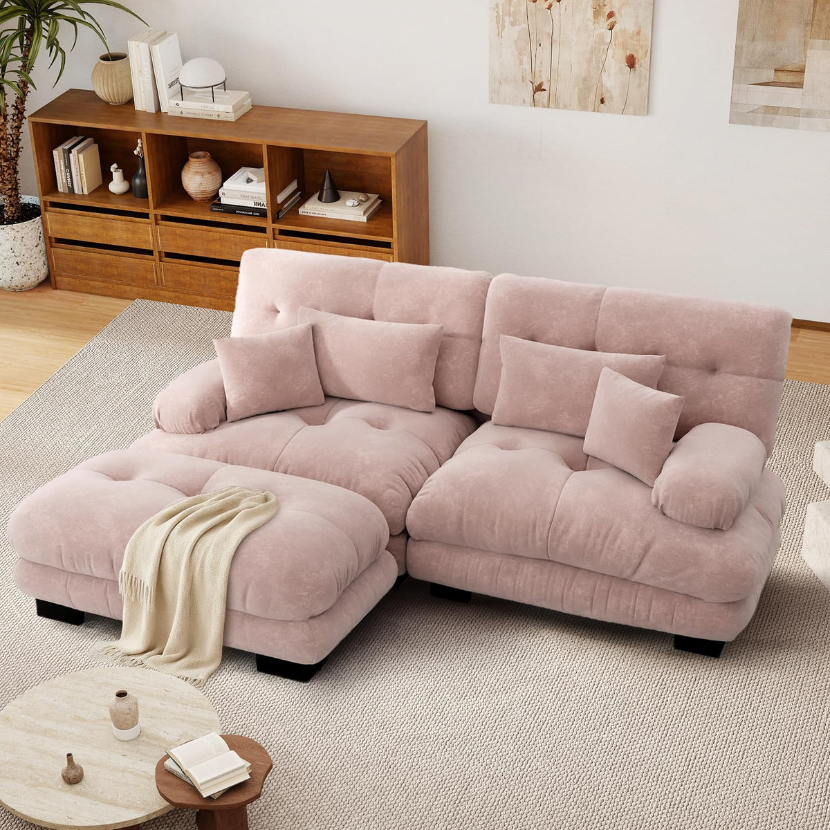 SoarFlash Sofá U Modular de 4 plazas para salón Moderno, sofá Nube de Tela Chenille con reposabrazos, Color Amarillo, 145×406 cm