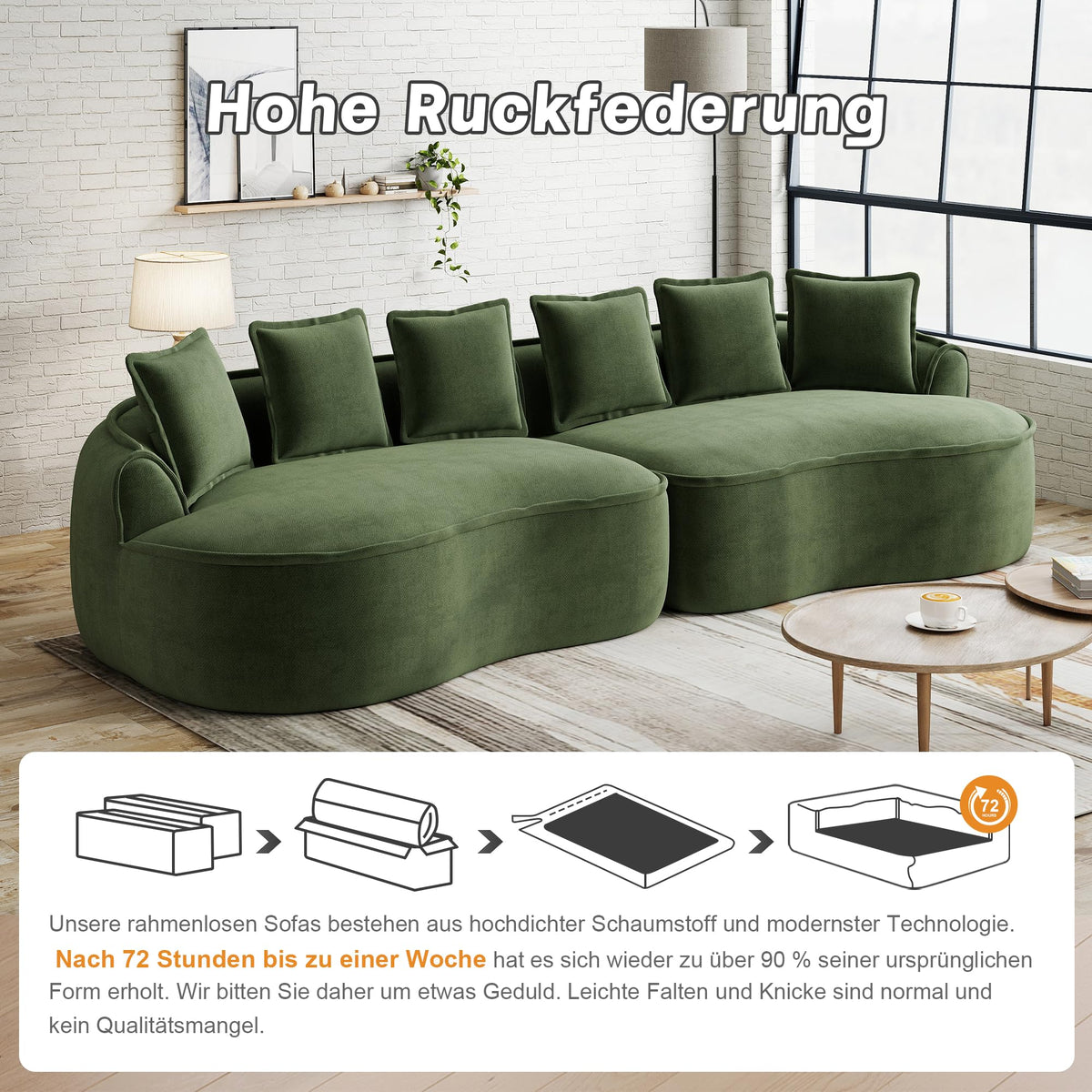 Sofá modular en forma de L sin marco, cómodo sofá de chenilla nube con asiento profundo, chaise longue moderno, extra grande, cojín ideal para salón, color verde