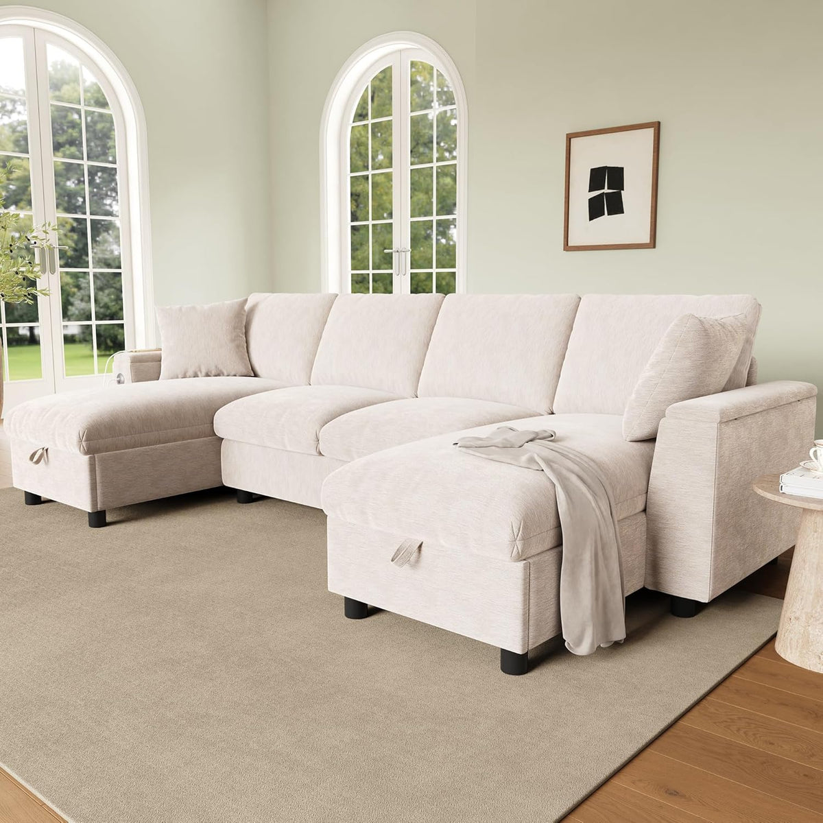 Sofá moderno de chenilla en forma de U con chaise longue, sofá esquinero de 4 plazas con espacio de almacenamiento, puerto USB y tipo C, modular, con soporte para bebidas y cojines suaves