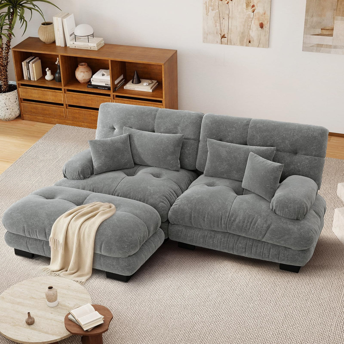 SoarFlash Sofá U Modular de 4 plazas para salón Moderno, sofá Nube de Tela Chenille con reposabrazos, Color Amarillo, 145×406 cm