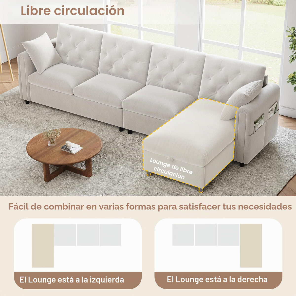 LAKFEW Sofa Cama con Cama Extensible y Taburete Almacenaje, Sofa Rinconera con USB, Lámpara de Lectura, Mesa Plegable con 2 Posavasos, 205x205x85 cm, Gris