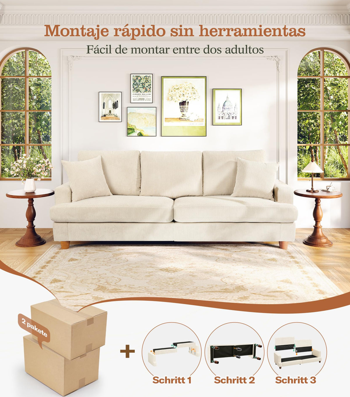 Kidirect Sofá de Pana de 3 plazas, 221 cm cómodo sofá de 53 cm Asientos Extra Profundos, sofá de salón Montaje sin Herramientas sofá Grande con 2 Cojines, sofá Moderno para Oficina,Verde Bosque