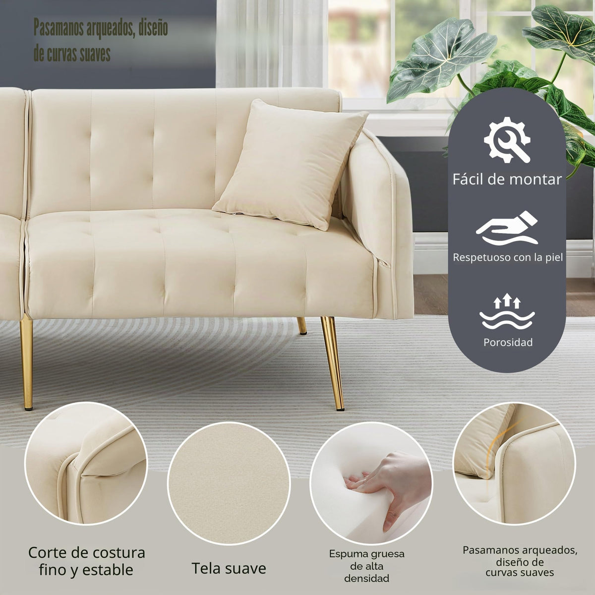 Sofá cama con esquinas ajustables, patas doradas, almohadas y bolsillos laterales para almacenamiento (Bavia)