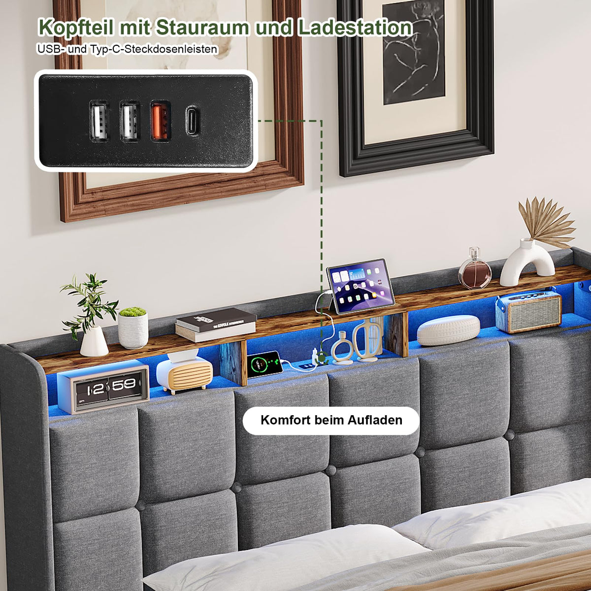 BRILVERDE Cama Tapizada 160x200 con Almacenamiento hidráulico, Cama matrimonial con lámpara de mesita, Cabecero Acolchado y Base de Láminas, Terciopelo (Beige, 160 x 200 cm)