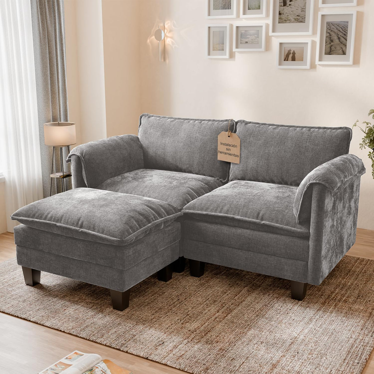 ELUCHANG Sofá Nube Modular 256cm, Sofá de 3 Plazas con Asiento Profundo 62cm, Montaje sin Herramientas, Sofá Moderno de Chenilla para Salón y Habitación, Gris Perla
