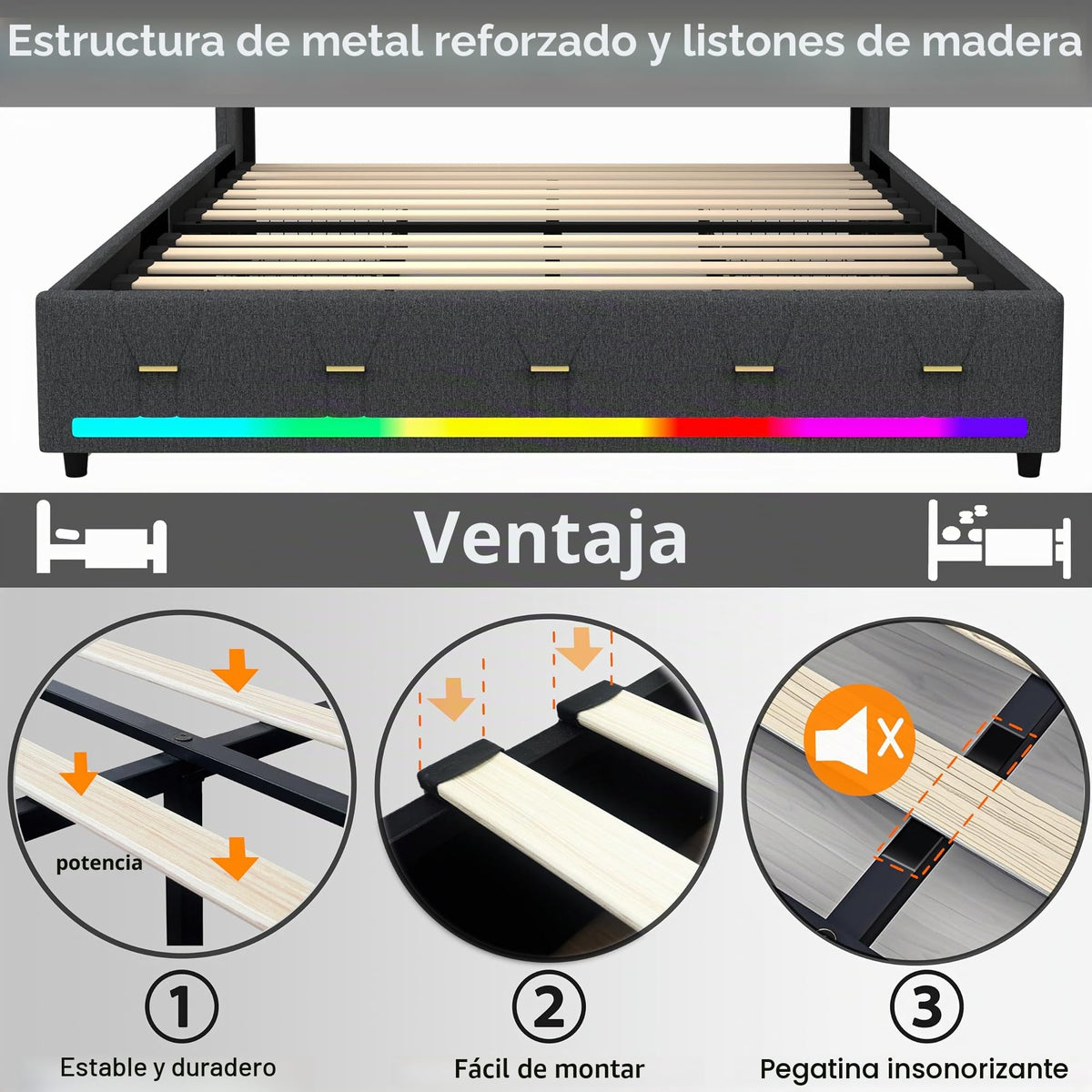 Estructura de Cama de Cuero 160x200cm con Carga USB Type-C, Blanco